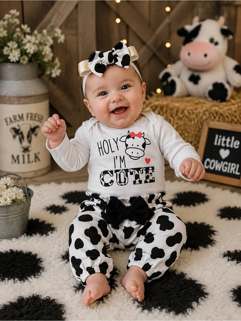 PatPat “Holy I’m Cute” Cow Print 3-Piece Outfit Set | Size 3–6 Months | NWT